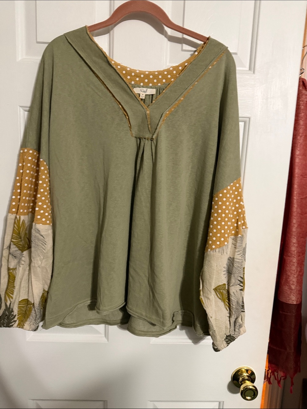 easel Olive Tunic with Mustard Dot Accents and Cream Floral Sleeves